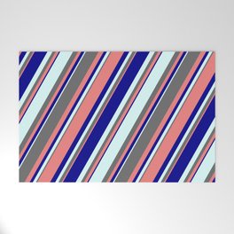 [ Thumbnail: Dim Grey, Light Coral, Dark Blue & Light Cyan Colored Stripes Pattern Welcome Mat ]