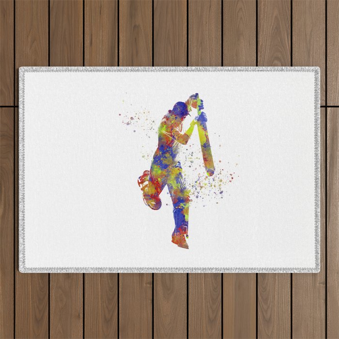 Watercolor cricket player Outdoor Rug