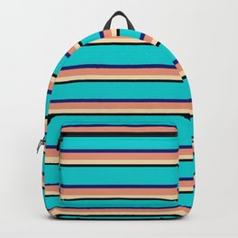 [ Thumbnail: Vibrant Dark Turquoise, Midnight Blue, Dark Salmon, Tan, and Black Colored Lines/Stripes Pattern Backpack ]