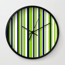 Lime Green Bright Navy Blue and White Vertical Stripes Pattern Wall Clock