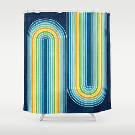 70s Retro Stripe Arches // Watercolors in Navy, Cerulean Blue, Turquoise, Orange, Yellow, Green Shower Curtain