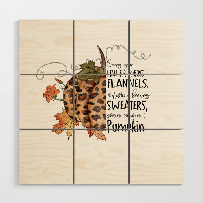 Leopard Pumkin leaves fall quote design Wood Wall Art