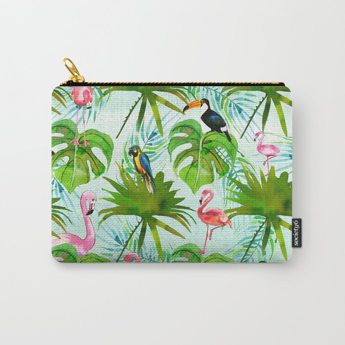 Tropical green pink colorful birds watercolor floral Carry-All Pouch