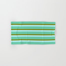 [ Thumbnail: Turquoise, Aquamarine & Green Colored Lined/Striped Pattern Hand & Bath Towel ]