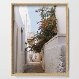 Small Greek Street | Flower Filled Mediterranean Ally | Travel Photography on the Islands of Greece Serving Tray