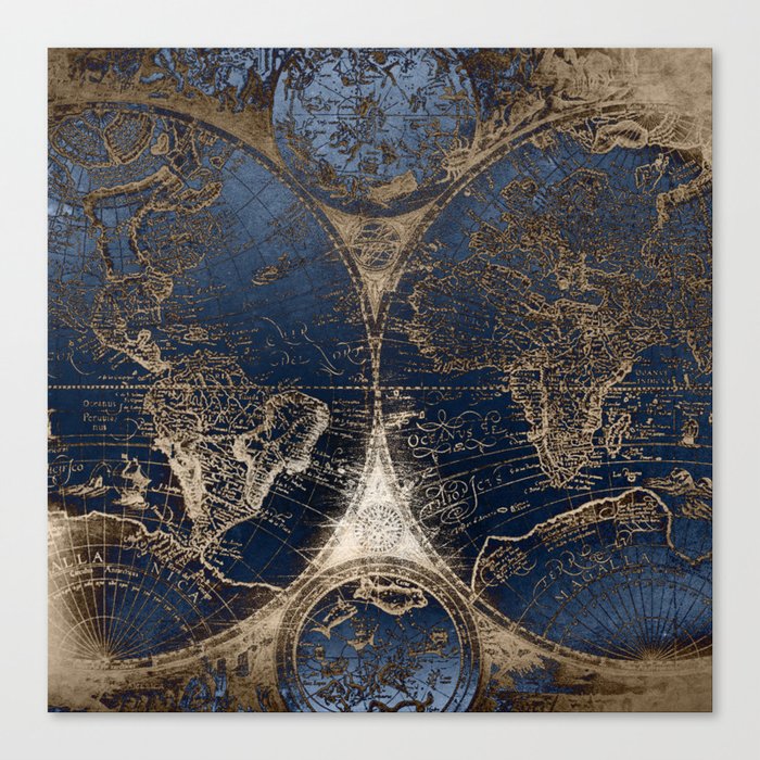 World Map Deep Blue and Gold Canvas Print