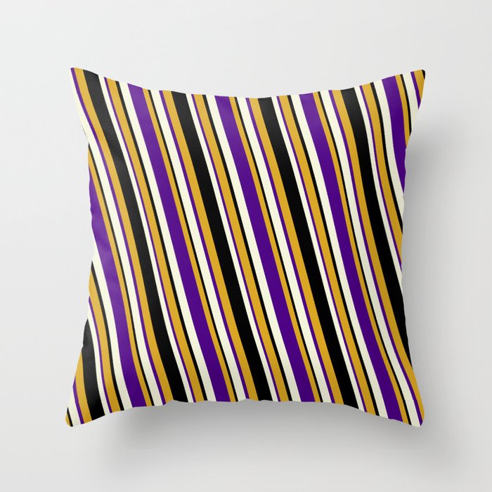 Goldenrod, Indigo, Beige & Black Colored Pattern of Stripes Throw Pillow