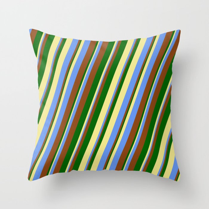 Tan, Cornflower Blue, Brown, and Dark Green Colored Lines/Stripes Pattern Throw Pillow