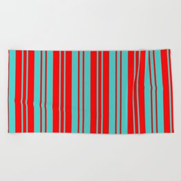[ Thumbnail: Turquoise & Red Colored Lines Pattern Beach Towel ]