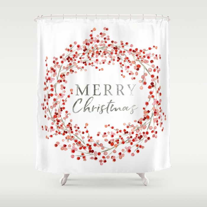 Merry Christmas wreath. Red berry Shower Curtain