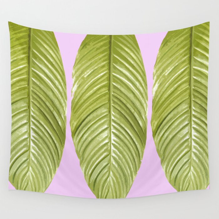Three large green leaves on a pink background - vivid colors #decor #society6 #buyart Wall Tapestry