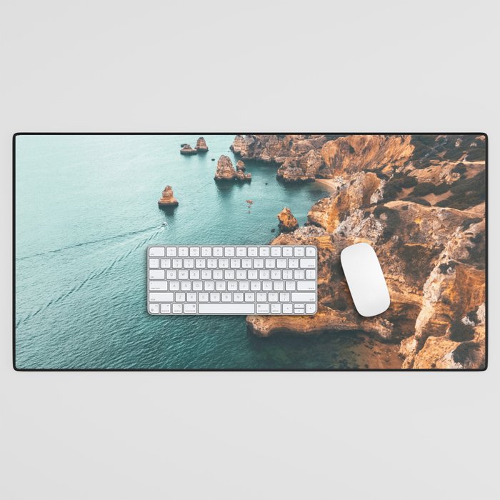 Ocean Landscape Print, Aerial Ocean View, Aerial Sea, Lagos Bay Coast, Algarve Portugal, Drone Photography, Landscape Aerial, Nature Seascape View Desk Mat