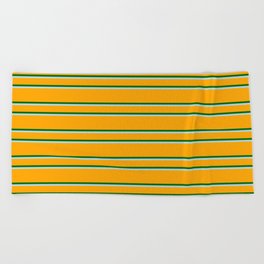 [ Thumbnail: Orange, Dark Green & Light Blue Colored Lined Pattern Beach Towel ]
