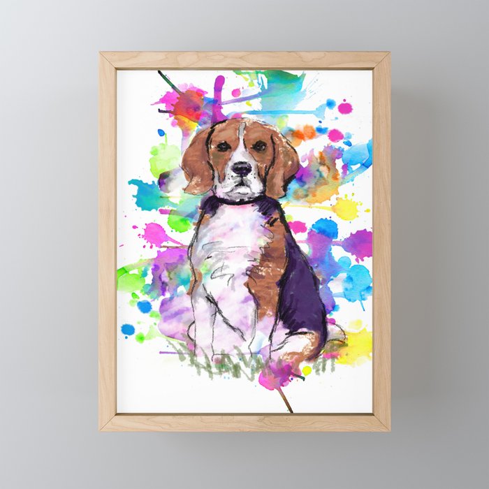 Cute watercolor beagle with paint splatters Framed Mini Art Print