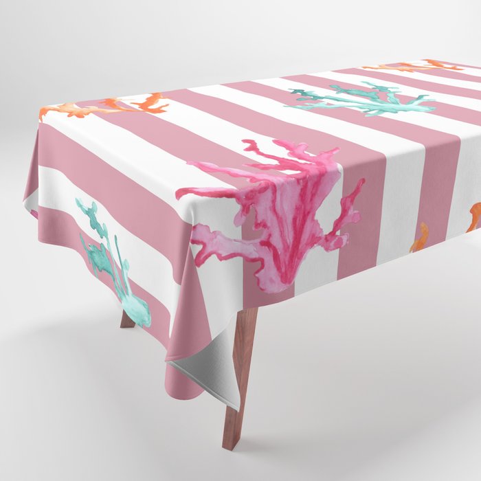 Colorful Coral Reef on Blush Pink Stripes Tablecloth