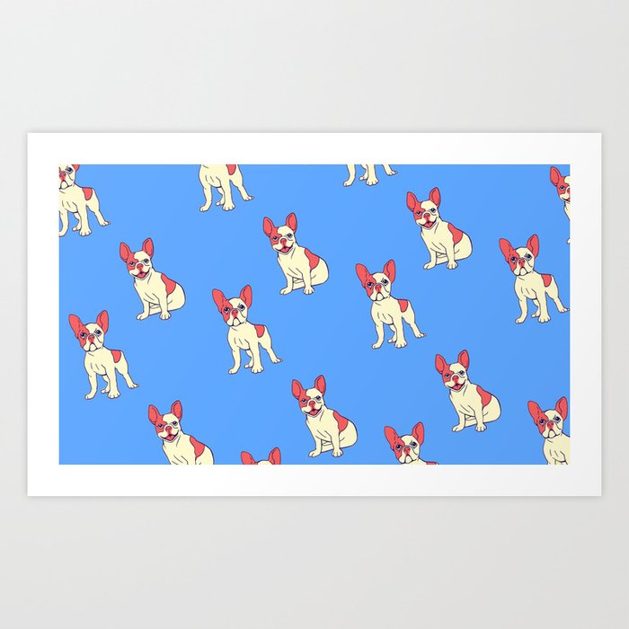 Cute French Bulldog Pattern On Blue Dog Lover Pet Art Art Print By