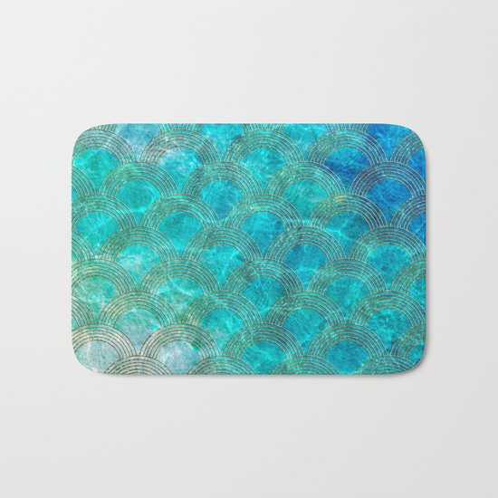 Sea Ocean Waves effect- Gold and Aqua Scales Pattern Bath Mat