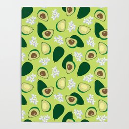Avocado and Fruit Pulp with Flowering, Floral Pattern - Light Green Background Poster