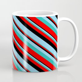 [ Thumbnail: Black, Sky Blue, Light Sea Green & Red Colored Lines/Stripes Pattern Coffee Mug ]
