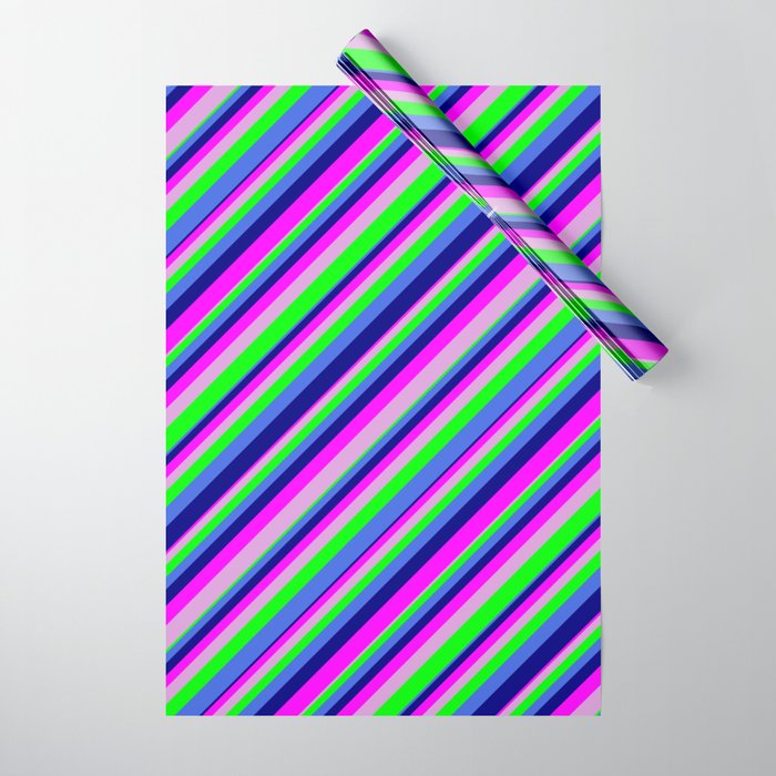 Eyecatching Royal Blue, Blue, Fuchsia, Plum, and Lime Colored Lined/Striped Pattern Wrapping Paper