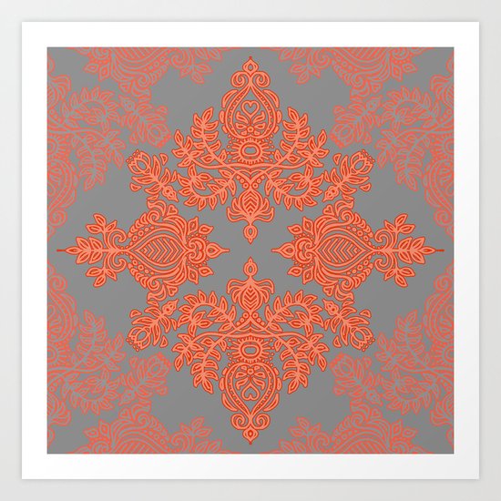Burnt Orange, Coral & Grey doodle pattern Art Print