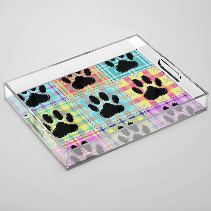 Colorful Quilt Dog Paw Print Drawing Acrylic Tray