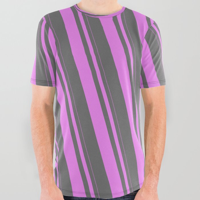 Violet and Dim Grey Colored Pattern of Stripes All Over Graphic Tee