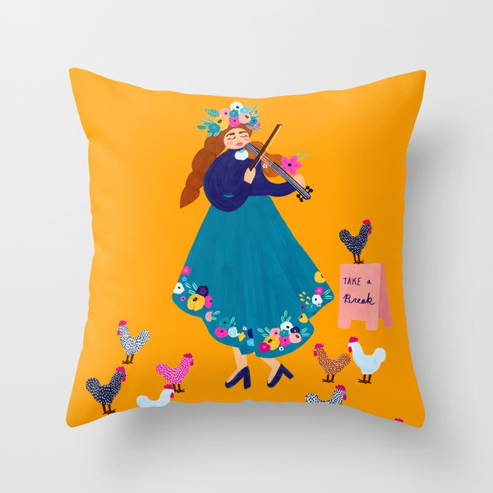 Girl Serenading Chickens Throw Pillow