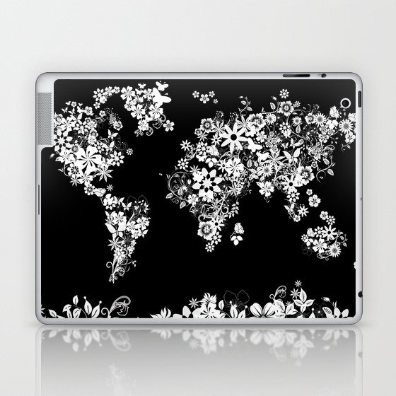 world map floral black and white Laptop & iPad Skin