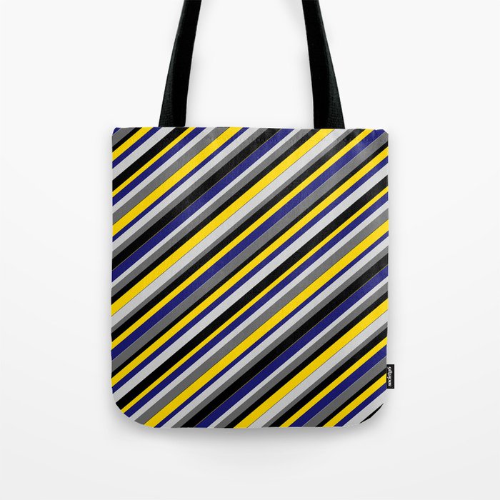 Vibrant Light Gray, Dim Gray, Black, Yellow, and Midnight Blue Colored Stripes Pattern Tote Bag