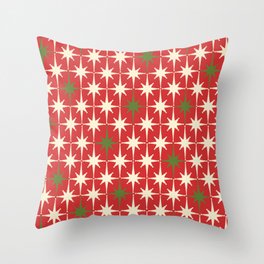 Atomic Age Christmas Starbursts - Midcentury Modern Xmas Holiday Pattern Cream Green Red Throw Pillow