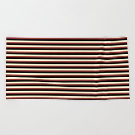 [ Thumbnail: Light Yellow, Brown & Black Colored Lines/Stripes Pattern Beach Towel ]