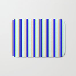 [ Thumbnail: Eye-catching Light Green, Blue, Slate Blue, Tan & Light Cyan Colored Striped/Lined Pattern Bath Mat ]