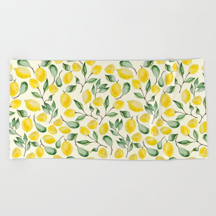 Watercolor Lemon Pattern Beach Towel