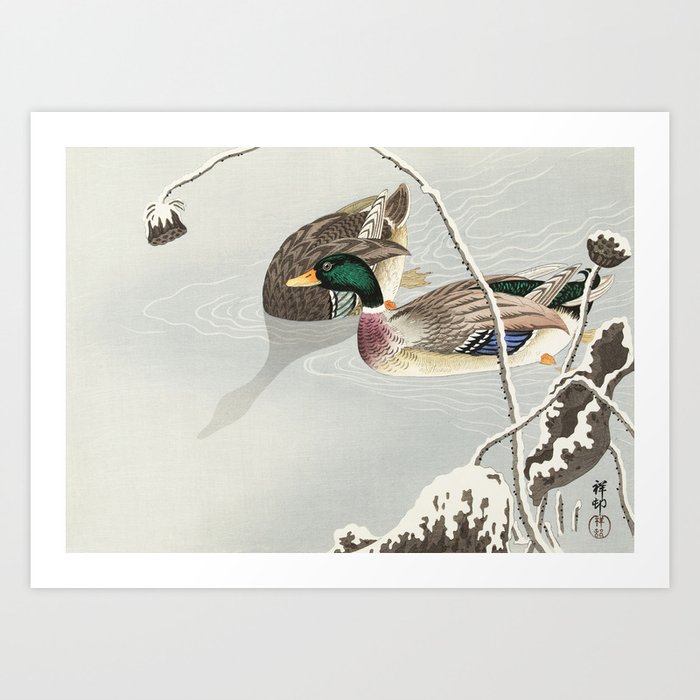 Mallard Ducks Diving - Japanese Vintage Woodblock Print Art Print