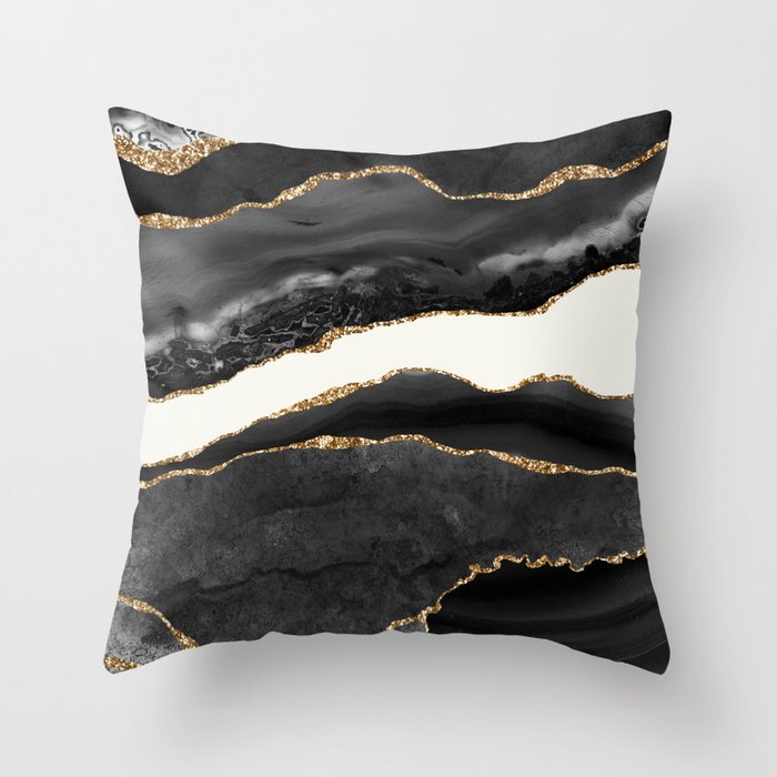Into the Great Wide Open Black and Gold Agate Throw Pillow