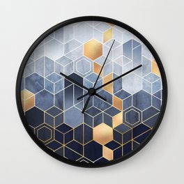 Geometric abstraction of hexagons on a blue relief background with gold elements. Fresco for interior wall mural. Vintage modern home décor. Wall Clock