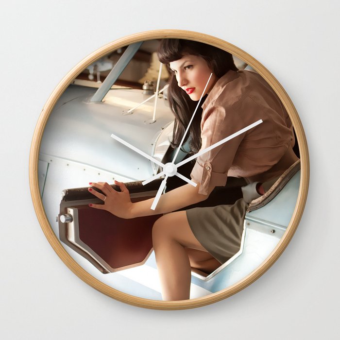 Flight Deck The Playful Pinup Airplane Pilot Pin Up Girl By Maxwell H Johnson Wall Clock By Maxmakespinups Society6