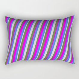 [ Thumbnail: Royal Blue, Light Grey, Dark Olive Green, and Fuchsia Colored Stripes Pattern Rectangular Pillow ]