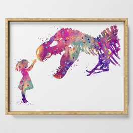 Girl and Dinosaur T-Rex Art Animals Nursery Decor Kids Room Watercolor Print Purple Home Decor Serving Tray
