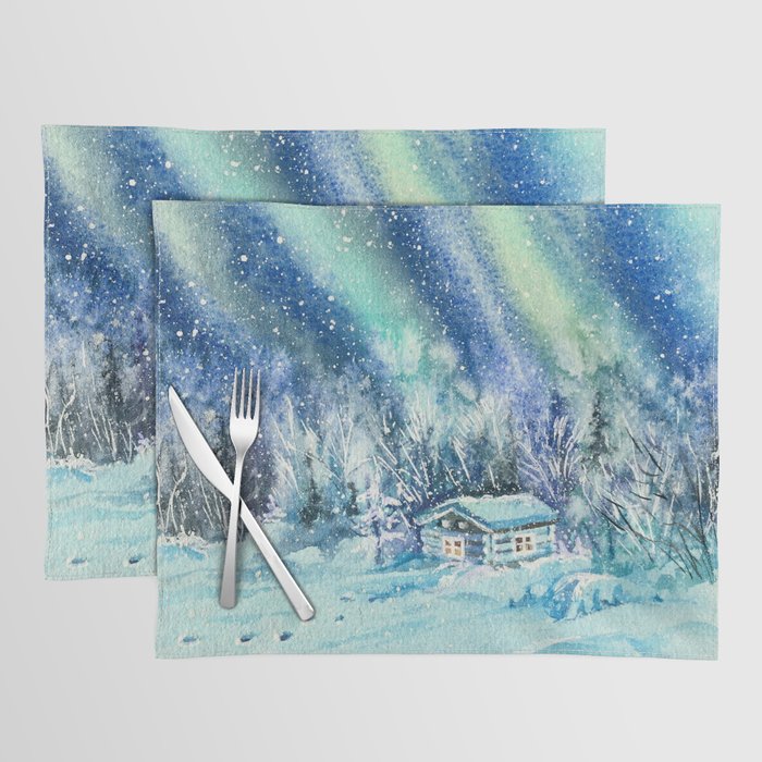 Magical Log Cabin Snowy Northern Lights Forest Landscape Placemat