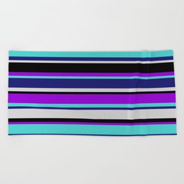 [ Thumbnail: Colorful Dark Violet, Turquoise, Midnight Blue, Light Gray & Black Colored Striped/Lined Pattern Beach Towel ]