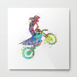 Girl Motocross Colorful Watercolor Moto Bike Supercross Art Metal Print