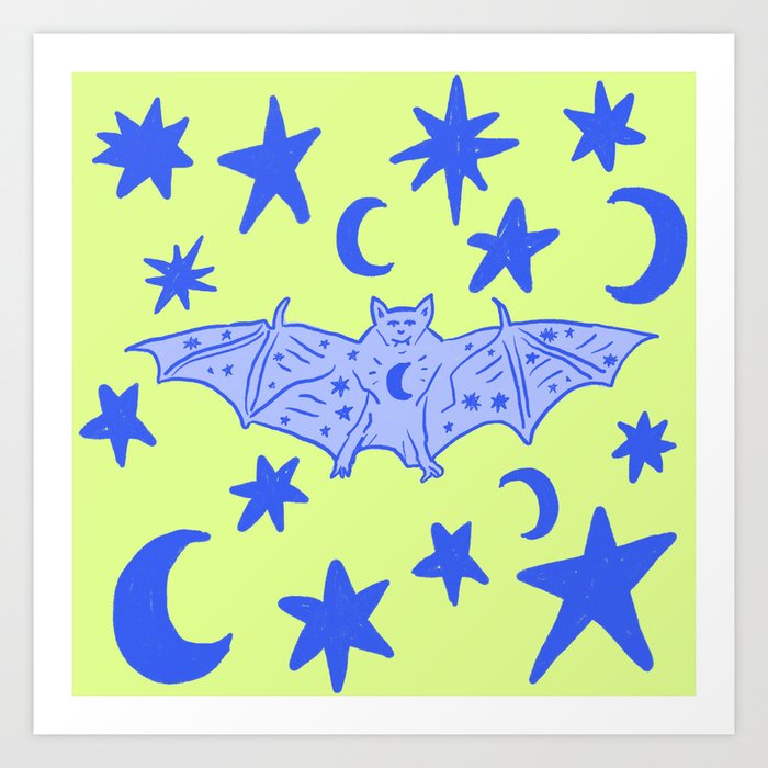 Mystical Bat with Stars and Moons, Blue over Chartreuse Art Print