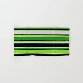 [ Thumbnail: Green, Light Gray, Forest Green, and Black Colored Stripes Pattern Hand & Bath Towel ]