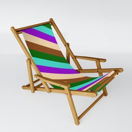 [ Thumbnail: Eye-catching Dark Green, Turquoise, Dark Violet, Tan, and Brown Colored Lines/Stripes Pattern Sling Chair ]