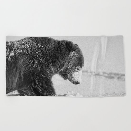 Alaskan Grizzly Bear in Snow, B & W - I Beach Towel