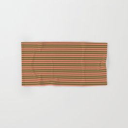[ Thumbnail: Salmon and Dark Olive Green Colored Striped Pattern Hand & Bath Towel ]
