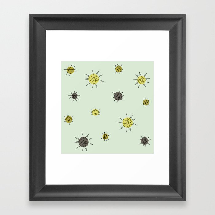 Atomic Age Starburst Planets Mint Green Yellow Brown  Framed Art Print