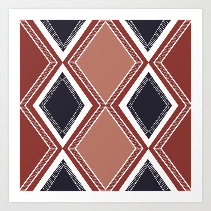 Preppy large geometric diamond red and navy pattern Art Print